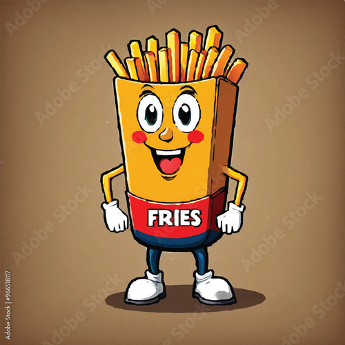 French fries in box with cute funny face. Fried potato sticks in pack with eyes and mouth. Happy chips character smiling. Colored flat cartoon vector illustration of adorable comic fast food fries.