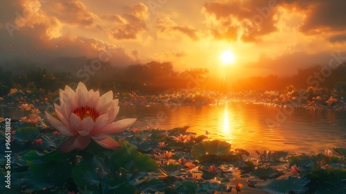 Serene Lotus Flower Pond Sunset