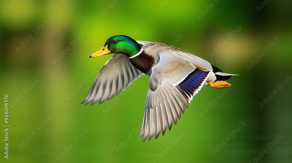 Obraz premium A duck is flying in the air with its wings spread out. The image has a peaceful and serene mood, as the duck is soaring through the sky