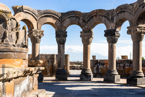 colonnade in Zvartnots Cathedral and Ararat Mount photo