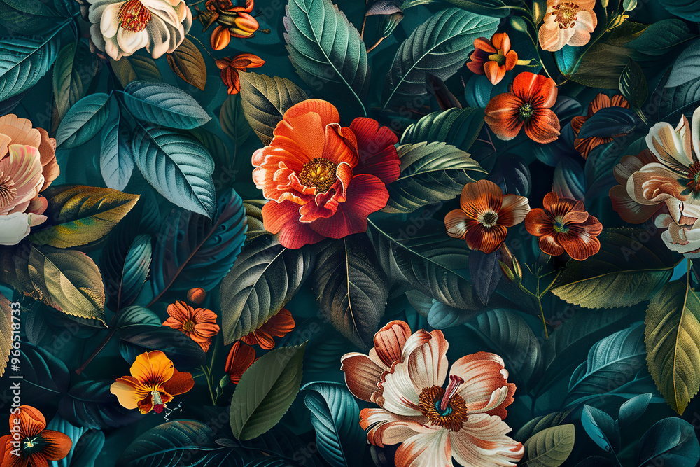 A colorful painting of flowers with a blue background, generative ai image, A colorful painting of flowers with a blue background, generative ai image,