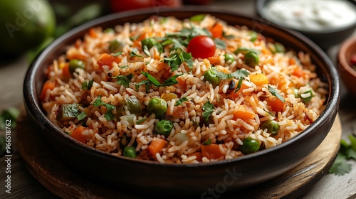 Steaming plate of veg pulao with mixed vegetables and fragrant spices served with a side of raita