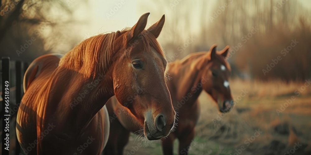 Fototapeta premium Beautiful Images of Brown Horses on a Farm