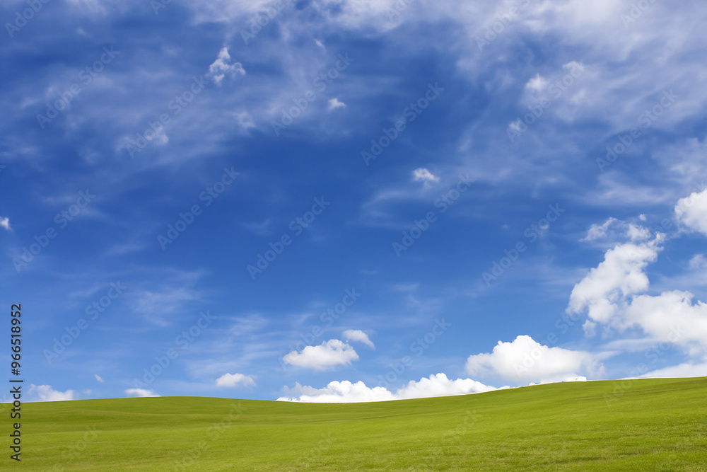 Rolling green hills under a bright blue sky with white fluffy clouds. Rolling green hills under a bright blue sky with white fluffy clouds.
