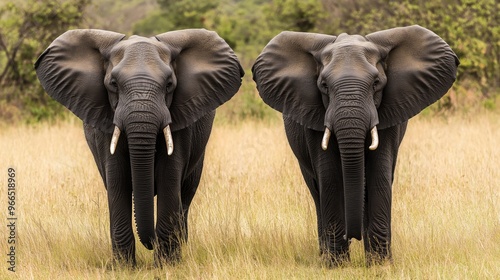 Two elephants standing in a field with their ears up