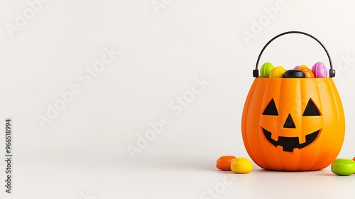 A pumpkin with a scary face is sitting on a white background. The pumpkin is filled with candy, including and Reese's Pieces. The scene is set in a Halloween setting, with the pumpkin photo