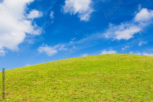 A rolling green hill with a bright blue sky and white clouds.