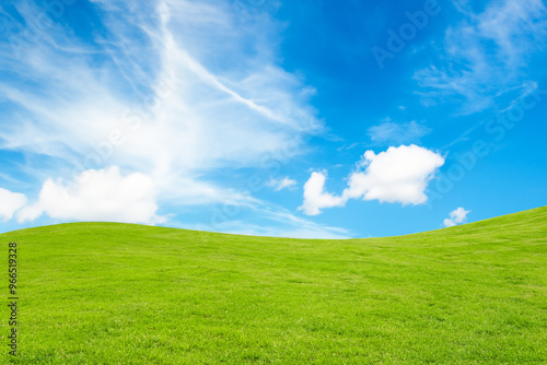 Lush green grassy hill against a clear blue sky with white clouds.