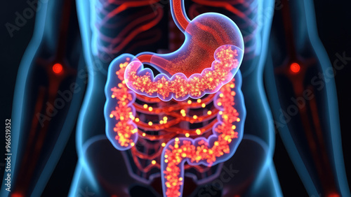 Detailed illustration of the human digestive system showing the stomach, intestines, and surrounding organs in vibrant colors. Generative AI