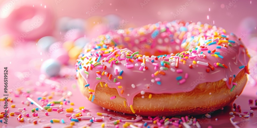 Macro shot of a pink doughnut topped with colorful sprinkles