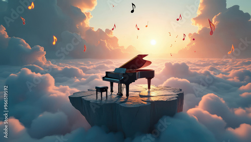 A grand piano sits on a floating platform amidst vibrant clouds and musical notes at sunset, creating a magical atmosphere. Generative AI