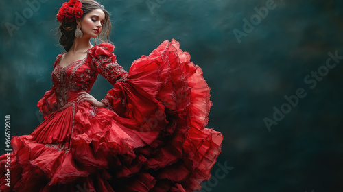 spanish woman in traditional red dress dancing flamenco on dark background, hispanic heritage, national dance, young beautiful latin american brunette girl, spain, culture, female portrait, dancer