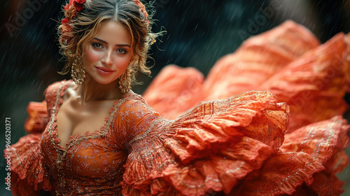 spanish woman in traditional red dress dancing flamenco on dark background, hispanic heritage, national dance, young beautiful latin american brunette girl, spain, culture, female portrait, dancer photo