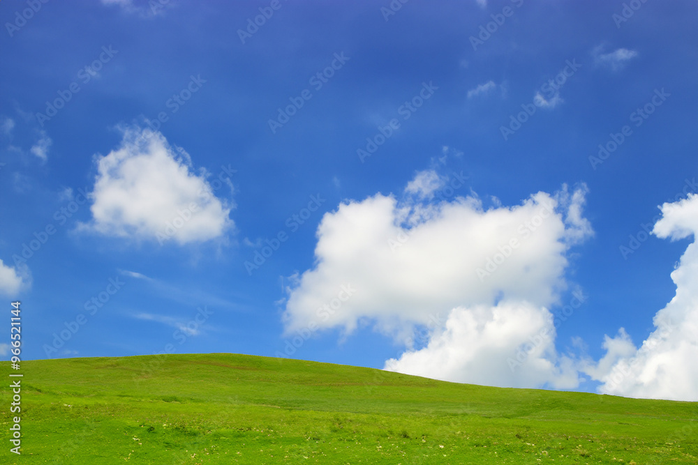 Green rolling hills with a bright blue sky and white fluffy clouds. Green rolling hills with a bright blue sky and white fluffy clouds.