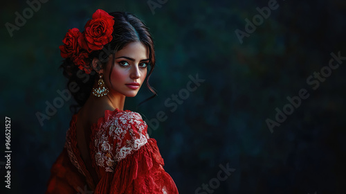spanish woman in traditional red dress dancing flamenco on dark background, hispanic heritage, national dance, young beautiful latin american brunette girl, spain, culture, female portrait, dancer