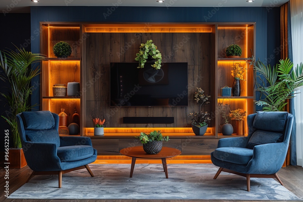 Modern living room interior with two blue armchairs, a coffee table, and a wooden wall unit with a TV.