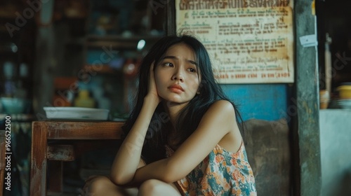 A Thai woman leaning back in her chair, looking overwhelmed, with space for an encouraging quote on the wall behind her.