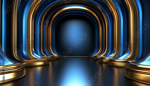 Abstract 3D Rendering of Golden and Blue Arched Columns
