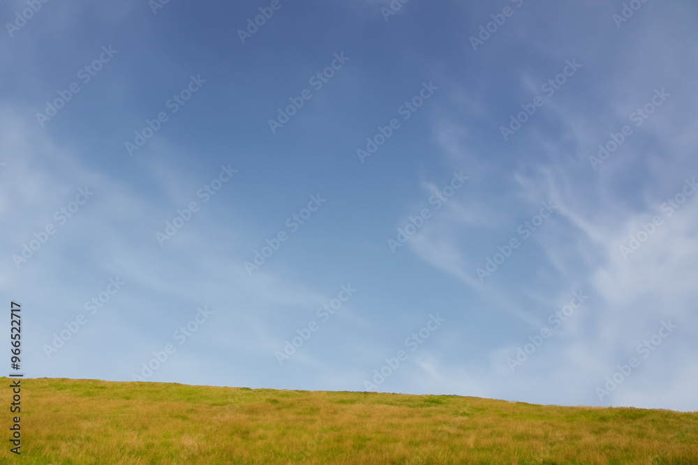 Blue sky with white wispy clouds over a grassy field. Blue sky with white wispy clouds over a grassy field.
