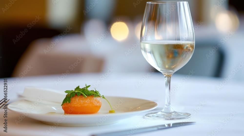 White Wine Glass and Orange Appetizer on White Tablecloth White Wine Glass and Orange Appetizer on White Tablecloth
