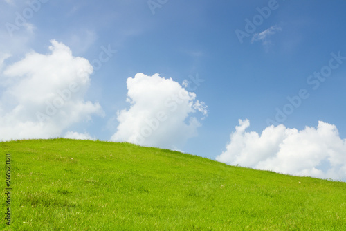 Green grass field under a blue sky with white clouds.