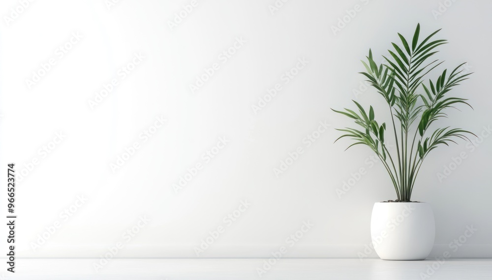 A Single Green Plant in a White Pot Against a White Wall A Single Green Plant in a White Pot Against a White Wall