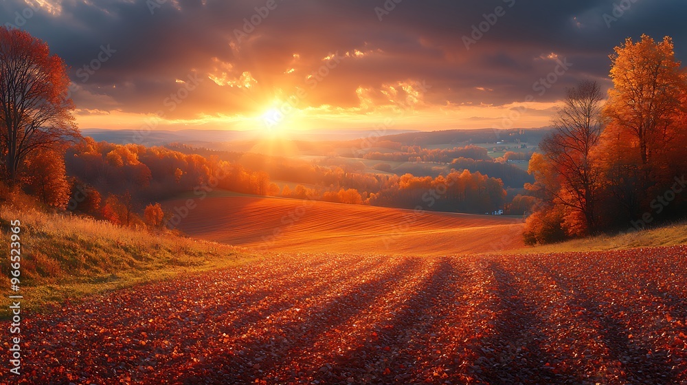 Dramatic sunset over a rolling autumnal landscape with golden fields and vibrant trees.