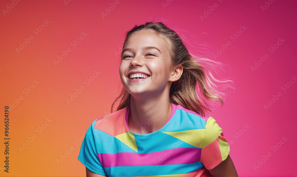 A young girl laughs in front of a pink and orange gradient background A young girl laughs in front of a pink and orange gradient background