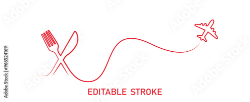Editable lines illustration with fork, knife, airplane. Line art vector design to use for healthcare, weight loss, healthy lifestyle, healthy food, dieting projects. 