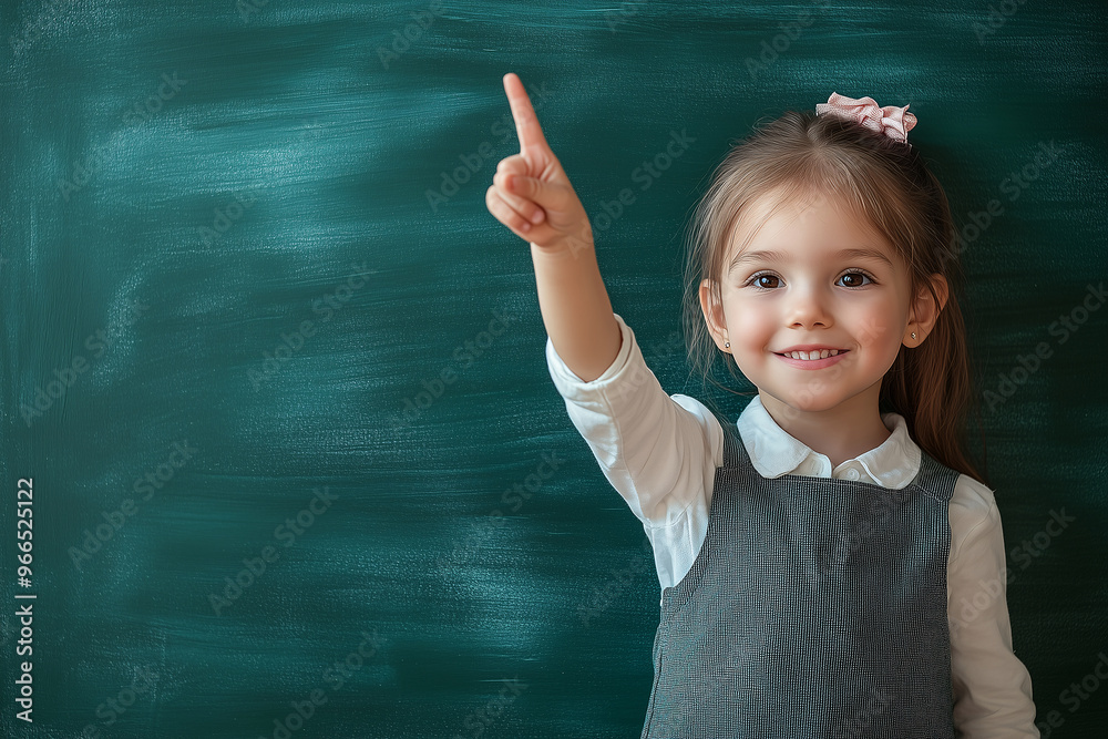 A young girl smiling while raising her hand in front of the blackboard A young girl smiling while raising her hand in front of the blackboard