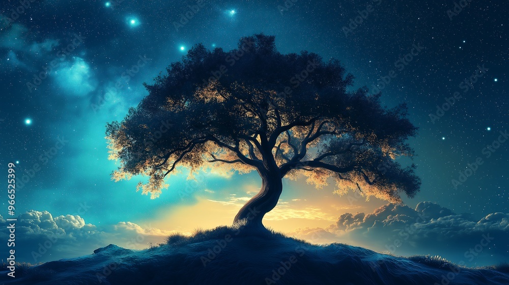 Lone Tree Under Starry Night Sky Lone Tree Under Starry Night Sky