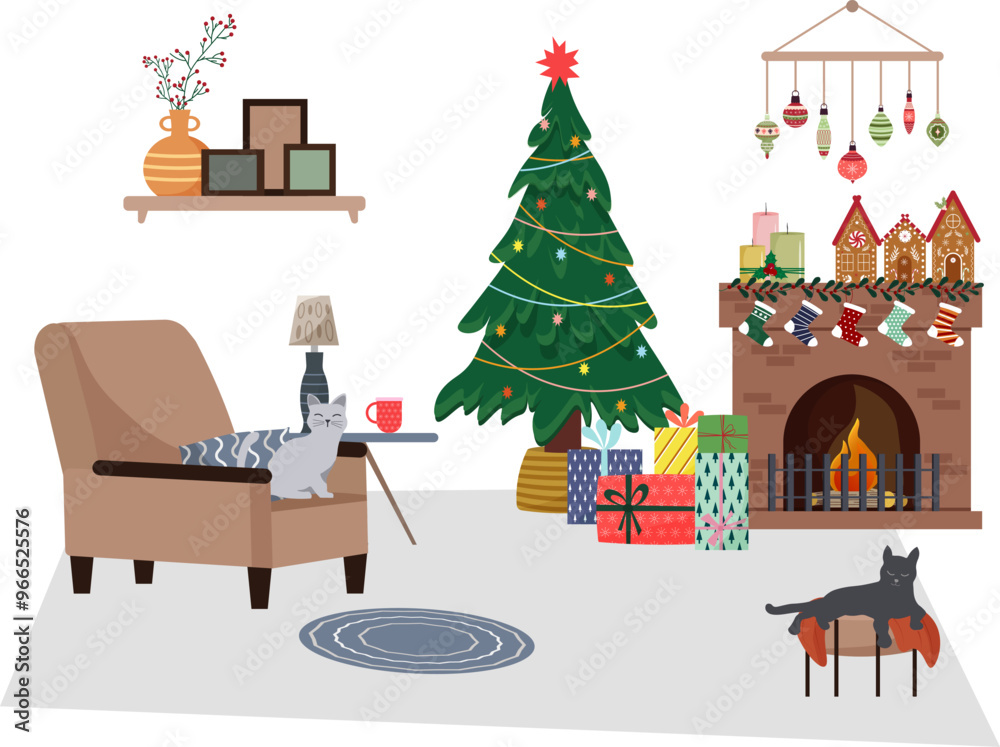 Living room with fireplace. Festive interior of the living room with furniture. Armchair and coffee table. Christmas and New Year. Christmas tree and gifts. Vector illustration Living room with fireplace. Festive interior of the living room with furniture. Armchair and coffee table. Christmas and New Year. Christmas tree and gifts. Vector illustration