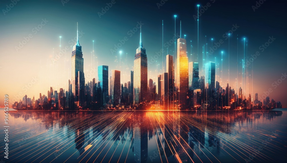 Futuristic city skyline with glowing lines and skyscrapers at night Futuristic city skyline with glowing lines and skyscrapers at night