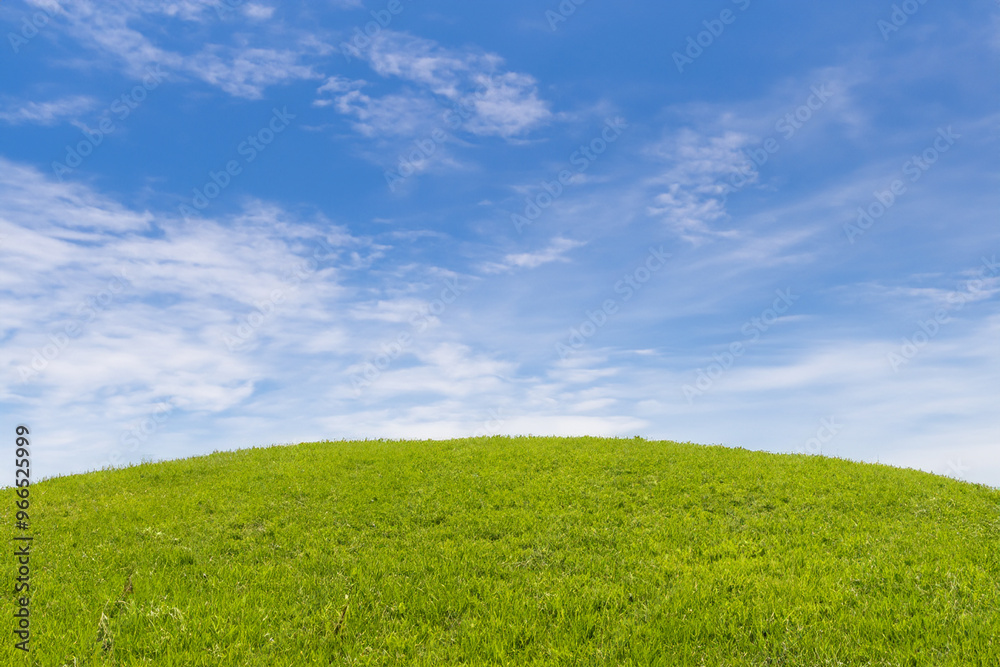 Lush green grassy hill against a bright blue sky with white wispy clouds. Lush green grassy hill against a bright blue sky with white wispy clouds.