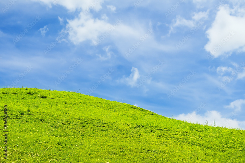 Lush green grassy hill against a bright blue sky with scattered white clouds. Lush green grassy hill against a bright blue sky with scattered white clouds.