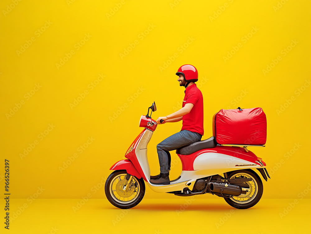 Food delivery moto scooter driver with red backpack behind back is on his way to deliver food. Courier on scooter delivering food. Quick shipping of goods to customers Food delivery moto scooter driver with red backpack behind back is on his way to deliver food. Courier on scooter delivering food. Quick shipping of goods to customers