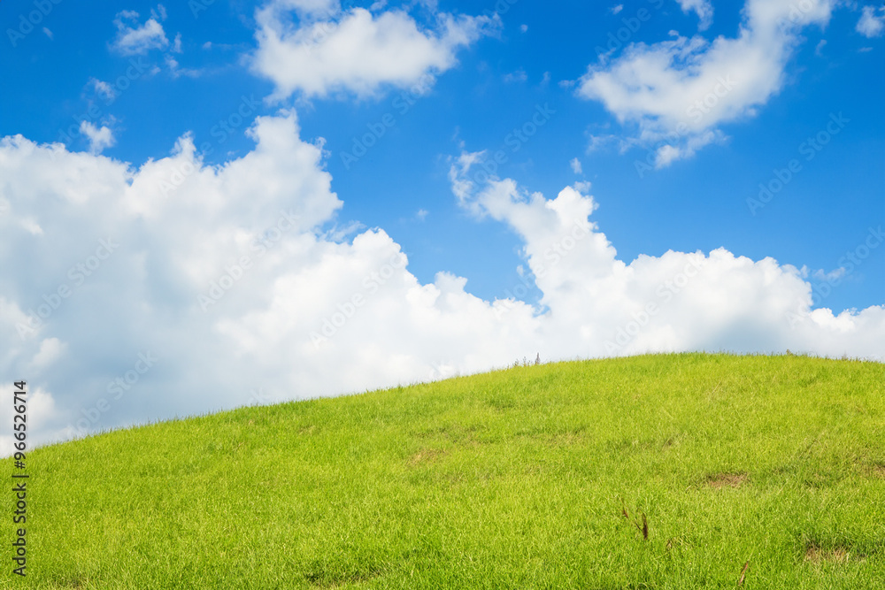 Green grassy hill with white fluffy clouds and blue sky. Green grassy hill with white fluffy clouds and blue sky.