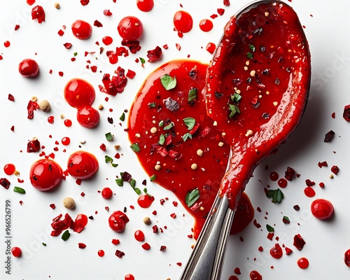 Bold fiery periperi sauce splashed onto a white background with a spoon beside it photo