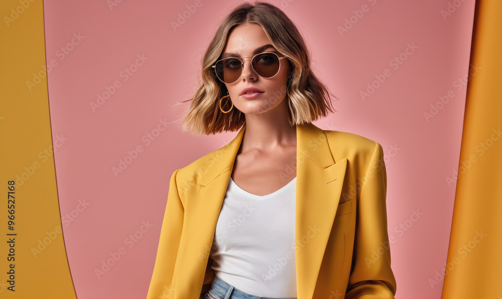 Fototapeta premium A woman with short blonde hair wears sunglasses and a yellow blazer against a pink and yellow background