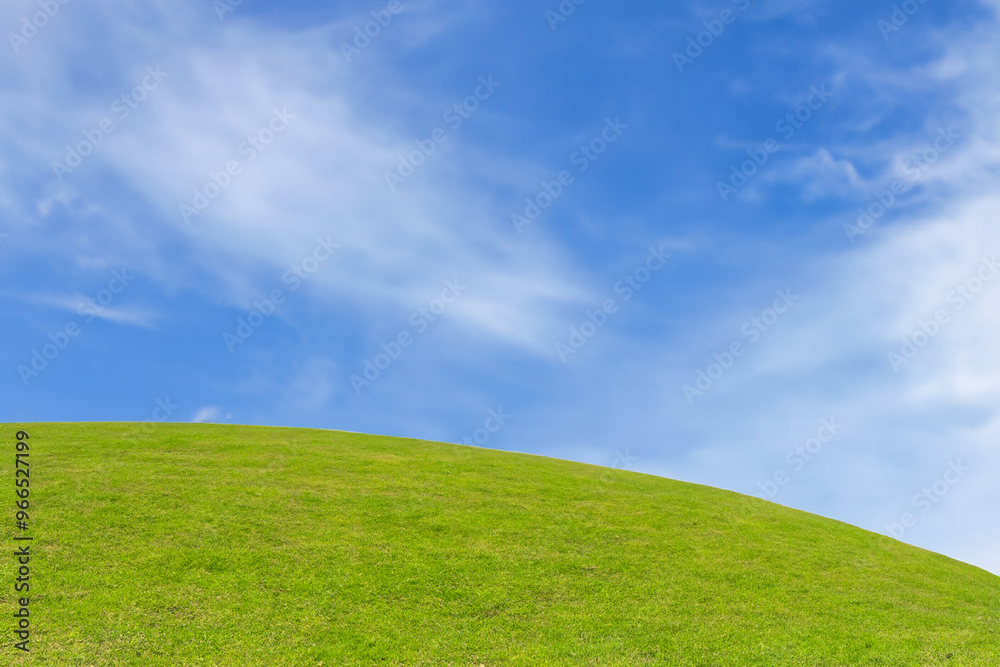 A lush green grassy hill stretches out against a bright blue sky with wispy white clouds. A lush green grassy hill stretches out against a bright blue sky with wispy white clouds.