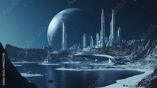 Futuristic space colony on the dwarf planet eris with its moon dysnomia in orbit nearby. Space Colony. Illustration photo