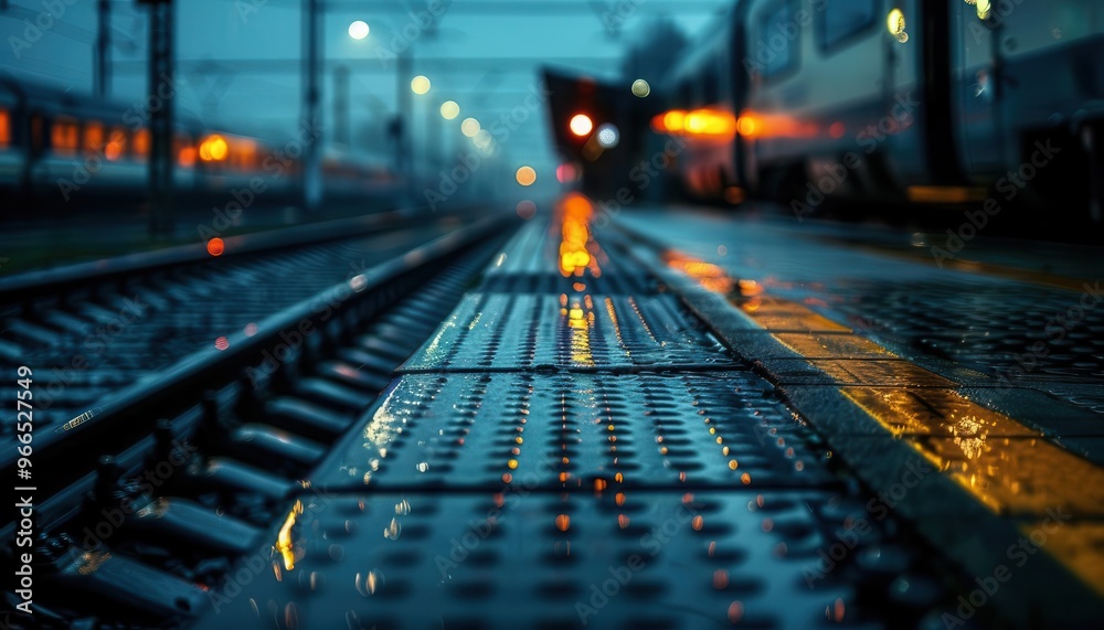 Train station platform with a departing train, dynamic and historical, Urban, Cool tones, Photograph, Travel hub Train station platform with a departing train, dynamic and historical, Urban, Cool tones, Photograph, Travel hub