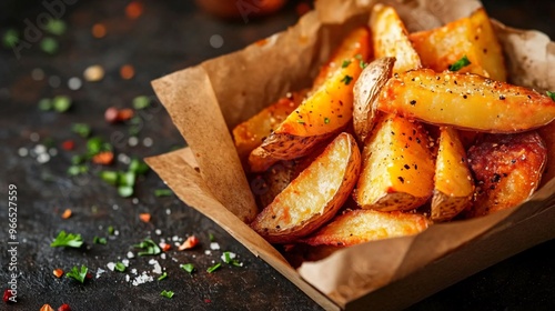 Delicious potato wedges being served in a paper box