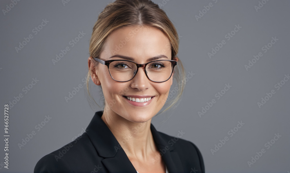A woman with blonde hair and glasses smiles in front of a gray background A woman with blonde hair and glasses smiles in front of a gray background