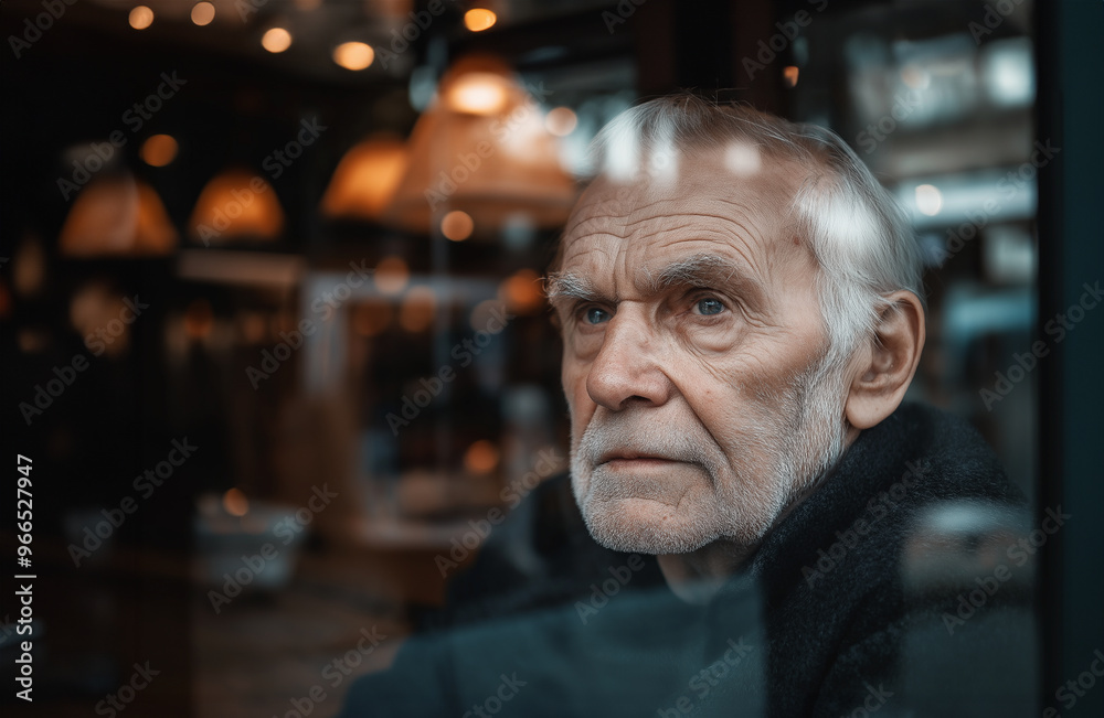 Portrait of Elderly Man Sitting in Coffee Shop Looking Thoughtfully Trough the Window