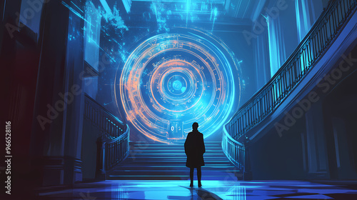 Human standing front of time portal gate in home. Time Portal. Illustration