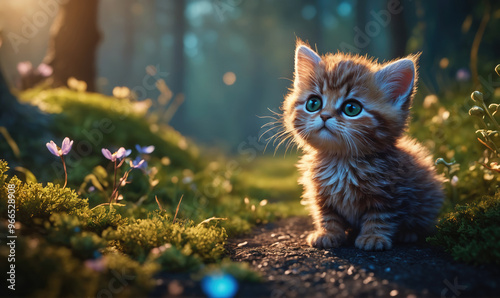 A small kitten sits in the forest, looking up at the sunlight filtering through the trees