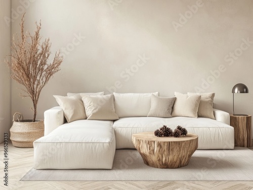 A living room with a white couch and a coffee table. The couch is long and has a white pillow on it. There is a potted plant on the left side of the couch