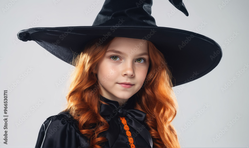 A young girl with long red hair poses for a photo while wearing a black witch hat A young girl with long red hair poses for a photo while wearing a black witch hat