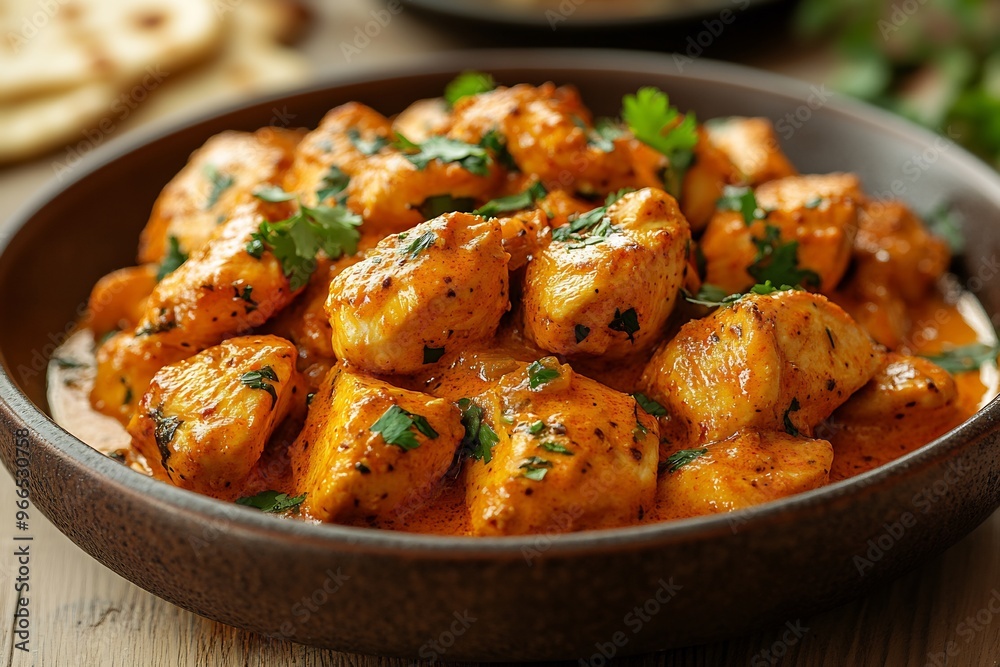 Delicious butter chicken curry creamy gravy served with naan and fresh coriander on a wooden table Delicious butter chicken curry creamy gravy served with naan and fresh coriander on a wooden table